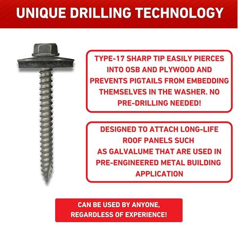 براغي السقف المعدنية EAGLE 1: #14 × 2.5 براغي سقف معدنية كبيرة الحجم (عدد 100)، طرف حاد من النوع 17، غسالة EPDM مقاس 1 بوصة/تتضمن مفك سداسي مغناطيسي مقاس 3/8 بوصة in Kuwait
