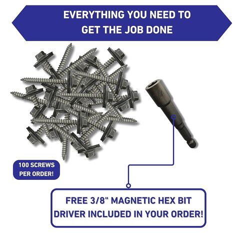 براغي السقف المعدنية EAGLE 1: #14 × 2.5 براغي سقف معدنية كبيرة الحجم (عدد 100)، طرف حاد من النوع 17، غسالة EPDM مقاس 1 بوصة/تتضمن مفك سداسي مغناطيسي مقاس 3/8 بوصة in Kuwait