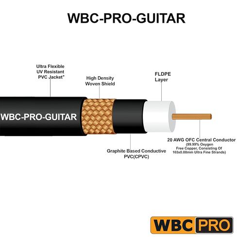 12 Foot - WBC-PRO-Guitar – 20 AWG - Low-Cap (18pF/ft) – Pro-Grade – Graphite-Based - Dual-Shielded Guitar, Bass, Instrument Cable with Amphenol QM2R-AU & QM2P-AU ¼ Inch (6.35mm) Gold TS Connectors in Saudi Arabia