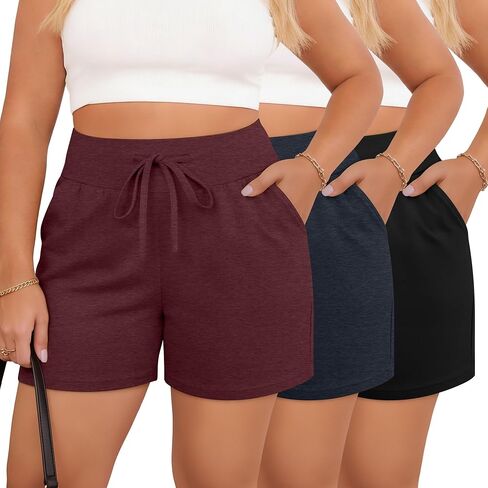 Evervibe 3 Pack Women's Plus Size Shorts Cotton Summer High Waist Casual Drawstring Athletic Loose Sweat Shorts with Pockets in Saudi Arabia