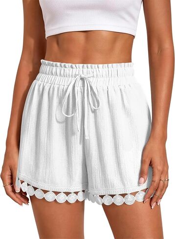 Womens Drawstring Shorts Elastic Waist Lace Boho Beach Shorts Summer Casual Short Pants with Pockets in Saudi Arabia