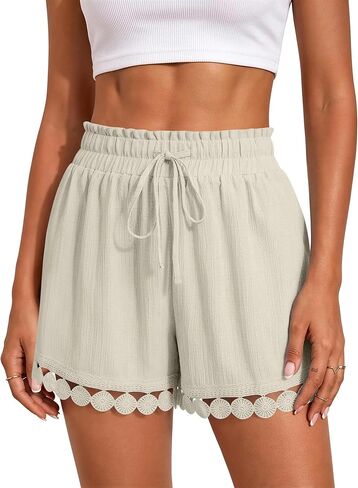 شورت نسائي برباط بخصر مطاطي من الدانتيل بوهو شورت شاطئ صيفي كاجوال قصير مع جيوب in Kuwait