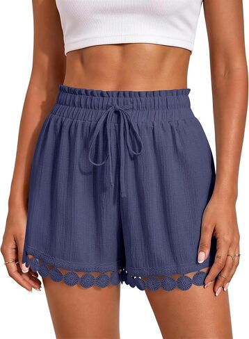 Womens Drawstring Shorts Elastic Waist Lace Boho Beach Shorts Summer Casual Short Pants with Pockets in Saudi Arabia