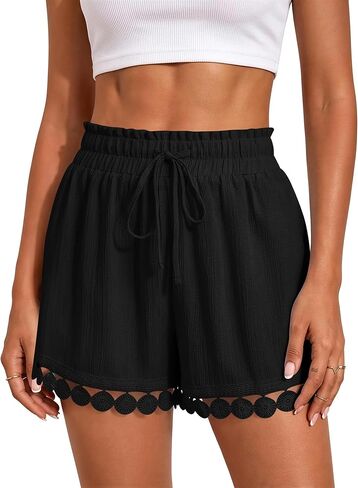 Womens Drawstring Shorts Elastic Waist Lace Boho Beach Shorts Summer Casual Short Pants with Pockets in Saudi Arabia