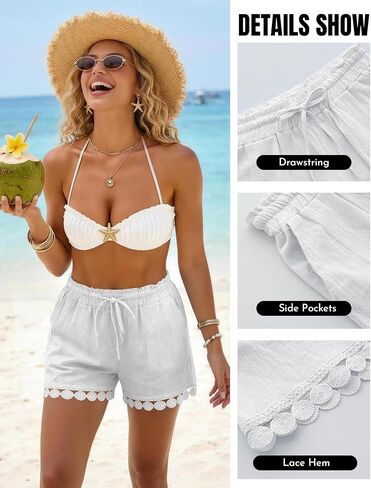 Womens Drawstring Shorts Elastic Waist Lace Boho Beach Shorts Summer Casual Short Pants with Pockets in Saudi Arabia