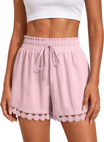 Womens Drawstring Shorts Elastic Waist Lace Boho Beach Shorts Summer Casual Short Pants with Pockets in Saudi Arabia