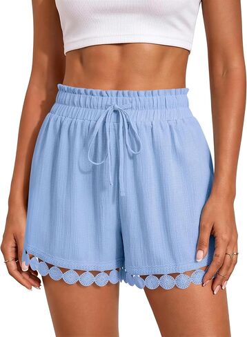 Womens Drawstring Shorts Elastic Waist Lace Boho Beach Shorts Summer Casual Short Pants with Pockets in Saudi Arabia