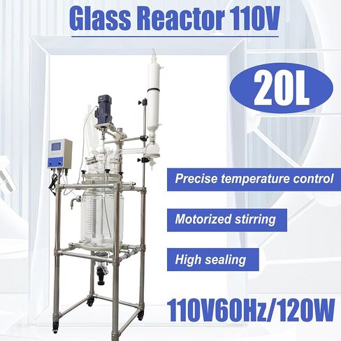 Glass Reactor Chemical Jacketed Glass Reactor Vessel Digital Display Vessel Device Double-Layer Glass Reactor with Support Frame Adjustable Speed for Lab Reaction Distillation 20L 110V in Kuwait