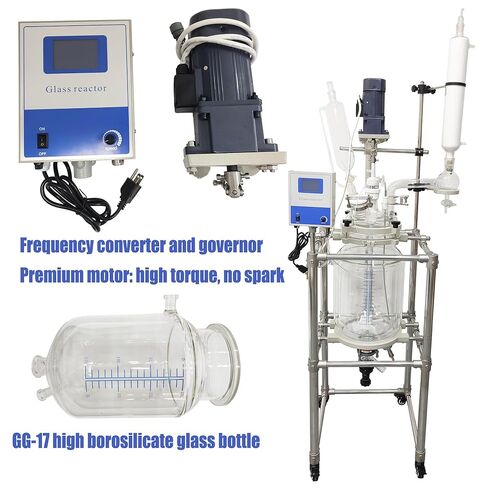 Glass Reactor Chemical Jacketed Glass Reactor Vessel Digital Display Vessel Device Double-Layer Glass Reactor with Support Frame Adjustable Speed for Lab Reaction Distillation 20L 110V in Kuwait