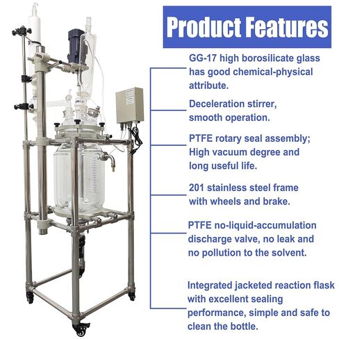 Glass Reactor Chemical Jacketed Glass Reactor Vessel Digital Display Vessel Device Double-Layer Glass Reactor with Support Frame Adjustable Speed for Lab Reaction Distillation 20L 110V in Kuwait