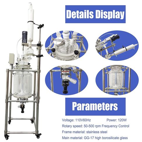 Glass Reactor Chemical Jacketed Glass Reactor Vessel Digital Display Vessel Device Double-Layer Glass Reactor with Support Frame Adjustable Speed for Lab Reaction Distillation 20L 110V in Kuwait