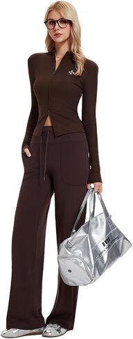 Women's 2 Piece Sets Double Zip Up Top Long Sleeve & Wide Leg Pant Lounge 2025 Fall Tracksuit Casual Sweatsuit Travel Outfit in Kuwait