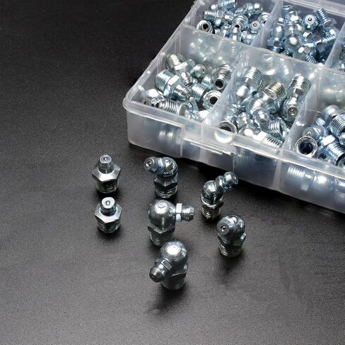 مجموعة أدوات تركيب الشحوم المترية SAE مكونة من 215 قطعة - M6/M8/M10، 1/4"-28، 1/8"-27 بزوايا مستقيمة/45°/90° - فولاذ A3، مطلي بالزنك لمقاومة التآكل in Kuwait