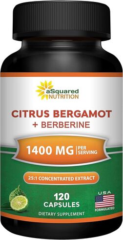 aSquared Nutrition Citrus Bergamot with Berberine Supplement - 1400mg Per Serving Max Strength Complex - 120 Capsules - Supports Cardiovascular Health - Pills Alternative to Gummies & Liquid Drops in Saudi Arabia