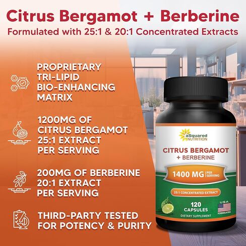 aSquared Nutrition Citrus Bergamot with Berberine Supplement - 1400mg Per Serving Max Strength Complex - 120 Capsules - Supports Cardiovascular Health - Pills Alternative to Gummies & Liquid Drops in Saudi Arabia
