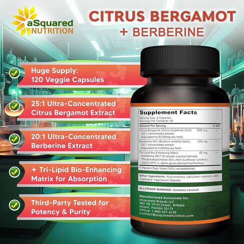 aSquared Nutrition Citrus Bergamot with Berberine Supplement - 1400mg Per Serving Max Strength Complex - 120 Capsules - Supports Cardiovascular Health - Pills Alternative to Gummies & Liquid Drops in Saudi Arabia
