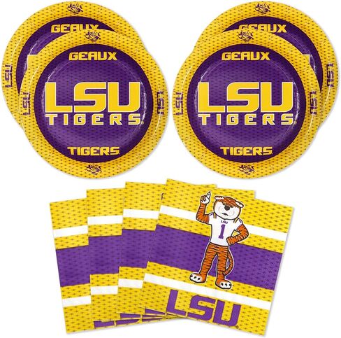 LSU Party for 16! Set includes 16 Appetizer Plates & 16 Party Napkins. Featuring Mike The Tiger for Tailgate, Football Party, Birthday or University events. by Havercamp in Kuwait