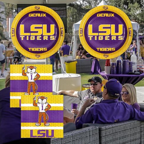 LSU Party for 16! Set includes 16 Appetizer Plates & 16 Party Napkins. Featuring Mike The Tiger for Tailgate, Football Party, Birthday or University events. by Havercamp in Kuwait