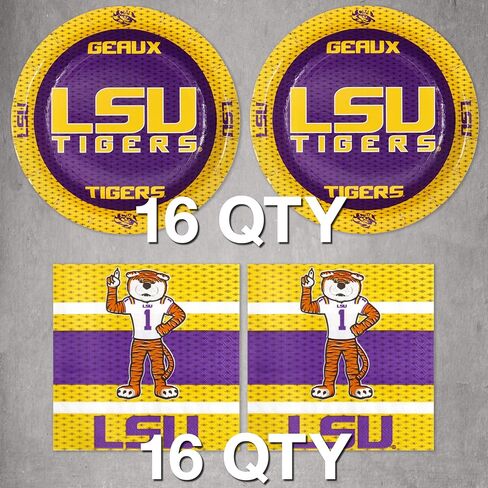 LSU Party for 16! Set includes 16 Appetizer Plates & 16 Party Napkins. Featuring Mike The Tiger for Tailgate, Football Party, Birthday or University events. by Havercamp in Kuwait