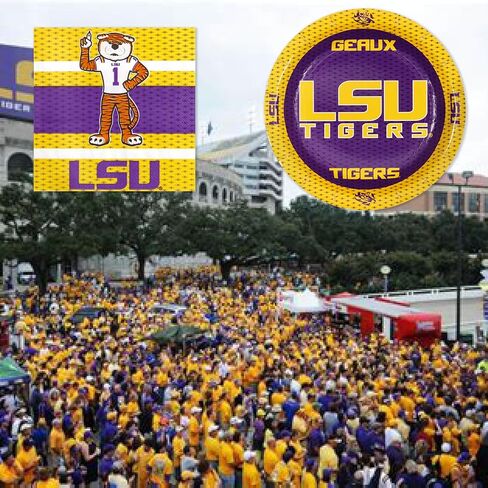 LSU Party for 16! Set includes 16 Appetizer Plates & 16 Party Napkins. Featuring Mike The Tiger for Tailgate, Football Party, Birthday or University events. by Havercamp in Kuwait
