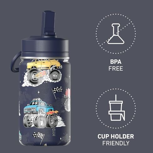 Hydrapeak Mini 14oz Fun Sticker Print Water Bottle with Straw Lid, Stainless Steel Double Wall Insulated Water Bottle, Leak-Proof and Spill-Proof Water Bottle, Monster Truck-Navy in Saudi Arabia