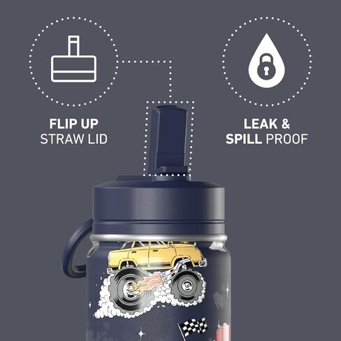Hydrapeak Mini 14oz Fun Sticker Print Water Bottle with Straw Lid, Stainless Steel Double Wall Insulated Water Bottle, Leak-Proof and Spill-Proof Water Bottle, Monster Truck-Navy in Saudi Arabia