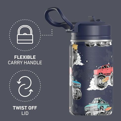 Hydrapeak Mini 14oz Fun Sticker Print Water Bottle with Straw Lid, Stainless Steel Double Wall Insulated Water Bottle, Leak-Proof and Spill-Proof Water Bottle, Monster Truck-Navy in Saudi Arabia