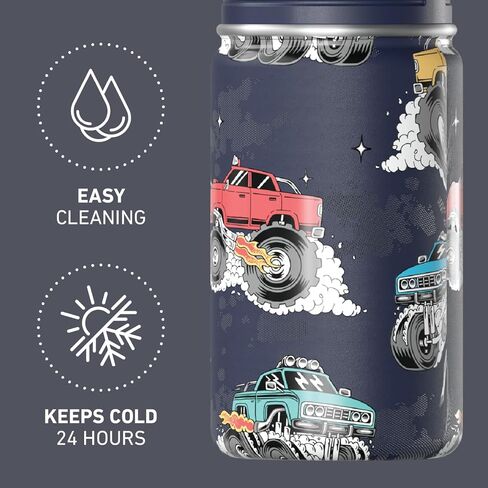 Hydrapeak Mini 14oz Fun Sticker Print Water Bottle with Straw Lid, Stainless Steel Double Wall Insulated Water Bottle, Leak-Proof and Spill-Proof Water Bottle, Monster Truck-Navy in Saudi Arabia