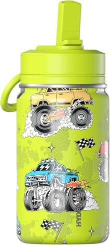 Hydrapeak Mini 14oz Fun Sticker Print Water Bottle with Straw Lid, Stainless Steel Double Wall Insulated Water Bottle, Leak-Proof and Spill-Proof Water Bottle, Monster Truck-Navy in Kuwait
