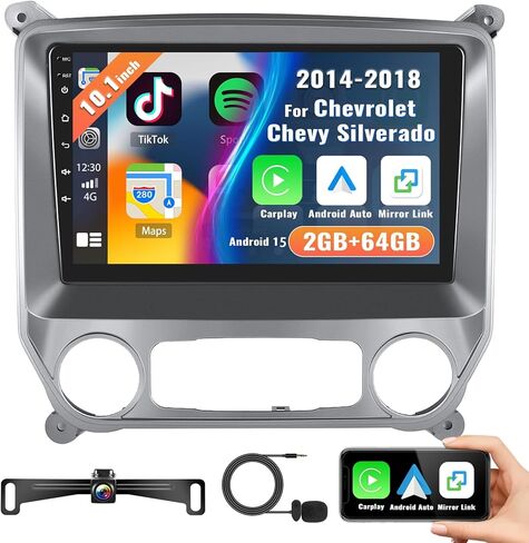 [2/64G] راديو CarPlay لاسلكي لسيارة Chevy Silverado GMC Sierra 2014-2018 مع Android Auto، Android 13 Car Stereo 10.1 بوصة شاشة تعمل باللمس راديو السيارة GPS بلوتوث HiFi WiFi FM SWC+AHD كاميرا احتياطية وميكروفون in Kuwait