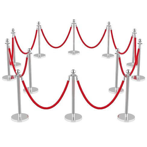 Stainless Steel Crowd Control Stanchion Posts – 12 Pack Fence Barrier with 10 Crimson Soft Ropes & 26FT Red Carpet – Silver Finish – 12 Pieces in Kuwait
