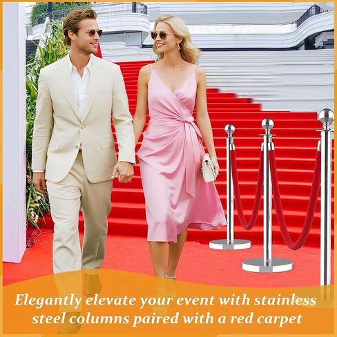 Stainless Steel Crowd Control Stanchion Posts – 12 Pack Fence Barrier with 10 Crimson Soft Ropes & 26FT Red Carpet – Silver Finish – 12 Pieces in Kuwait