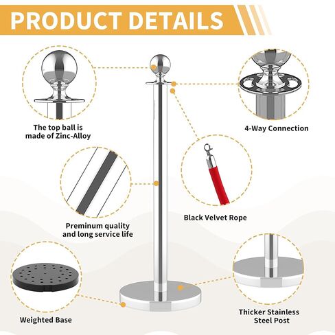 Stainless Steel Crowd Control Stanchion Posts – 12 Pack Fence Barrier with 10 Crimson Soft Ropes & 26FT Red Carpet – Silver Finish – 12 Pieces in Kuwait