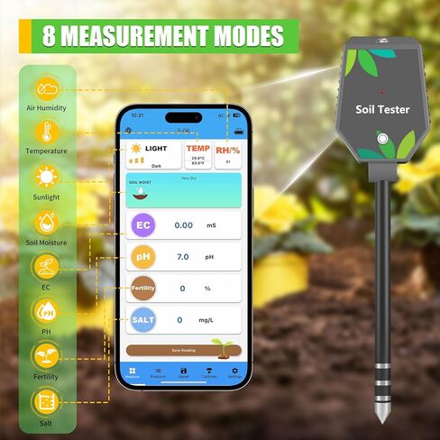 Soil Moisture Meter for Plants, 8-in-1 Soil pH Meter Moisture, Light, pH, EC, Fertility, Salt, Temp, Air Humidity, Soil pH Test Kit Great for Garden, Lawn, Farm, Indoor & Outdoor Use in Kuwait