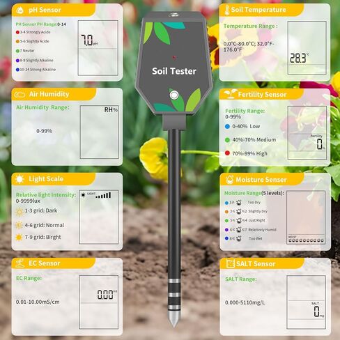 Soil Moisture Meter for Plants, 8-in-1 Soil pH Meter Moisture, Light, pH, EC, Fertility, Salt, Temp, Air Humidity, Soil pH Test Kit Great for Garden, Lawn, Farm, Indoor & Outdoor Use in Kuwait