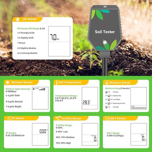 Soil Moisture Meter for Plants, 8-in-1 Soil pH Meter Moisture, Light, pH, EC, Fertility, Salt, Temp, Air Humidity, Soil pH Test Kit Great for Garden, Lawn, Farm, Indoor & Outdoor Use in Kuwait