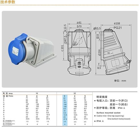 32A 3 core 220V 6H industrial socket connector TYPR6801 mounted in Kuwait