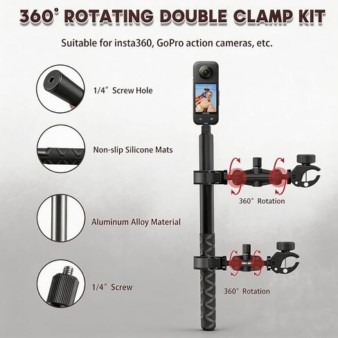 Motorcycle Camera Mount Kit for Insta360 - Heavy Duty 360° Rotating Handlebar Mount with Clamp, Aluminum Alloy Extendable Selfie Stick (14.37"-58.3"), Universal for Bike ATV UTV in Kuwait