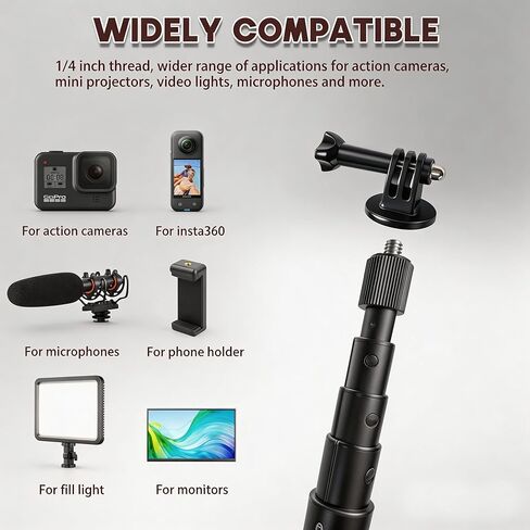 Motorcycle Camera Mount Kit for Insta360 - Heavy Duty 360° Rotating Handlebar Mount with Clamp, Aluminum Alloy Extendable Selfie Stick (14.37"-58.3"), Universal for Bike ATV UTV in Kuwait