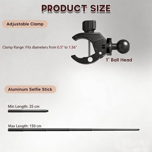 Motorcycle Camera Mount Kit for Insta360 - Heavy Duty 360° Rotating Handlebar Mount with Clamp, Aluminum Alloy Extendable Selfie Stick (14.37"-58.3"), Universal for Bike ATV UTV in Kuwait