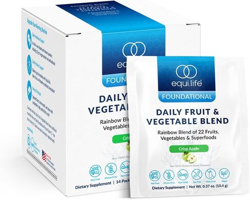 Equilife Daily Fruit & Vegetable Blend, Superfood Antioxidant Supplement, Crisp Apple Flavor with Vitamin C, Fiber, and 9 Essential Amino Acids, Supports Energy, Vegan, 14 Single Serve Packets in Kuwait