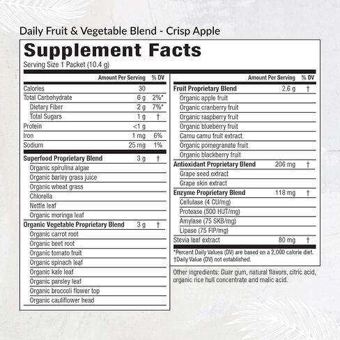 Equilife Daily Fruit & Vegetable Blend, Superfood Antioxidant Supplement, Crisp Apple Flavor with Vitamin C, Fiber, and 9 Essential Amino Acids, Supports Energy, Vegan, 14 Single Serve Packets in Kuwait