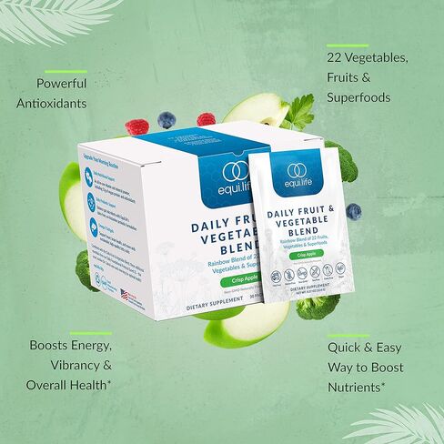 Equilife Daily Fruit & Vegetable Blend, Superfood Antioxidant Supplement, Crisp Apple Flavor with Vitamin C, Fiber, and 9 Essential Amino Acids, Supports Energy, Vegan, 14 Single Serve Packets in Kuwait
