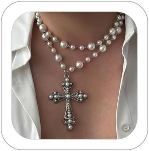Gothic Cross Necklace for Women Exaggerate Big Pearl Beaded Cross Statement Necklaces Sparkling Crystal Choker Punk Chunky Statement Jewelry in Saudi Arabia
