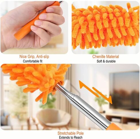 Microfiber Duster for Cleaning, Hand Washable Dusters, Extendable Pole, Detachable Cleaning Supplies for Office, Car, Window, Furniture Ceiling Fan - Orange in Saudi Arabia