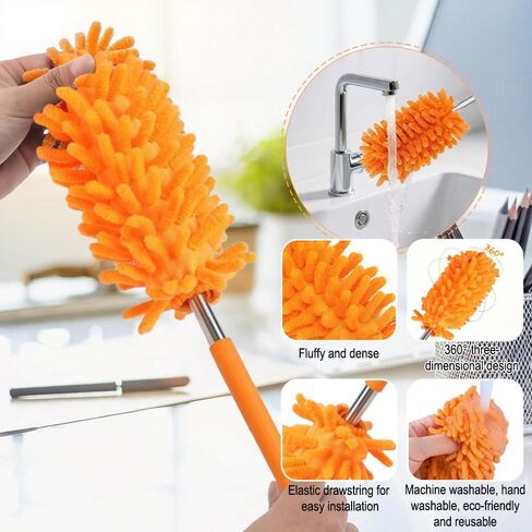 Microfiber Duster for Cleaning, Hand Washable Dusters, Extendable Pole, Detachable Cleaning Supplies for Office, Car, Window, Furniture Ceiling Fan - Orange in Saudi Arabia