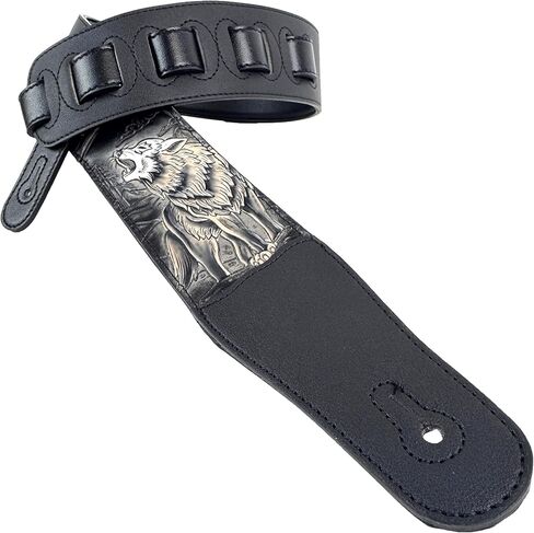 Walker & Williams CVG-WL-B Hand Carved Black And Tan Howling Timber Wolf On Black Leather Guitar Strap in Saudi Arabia