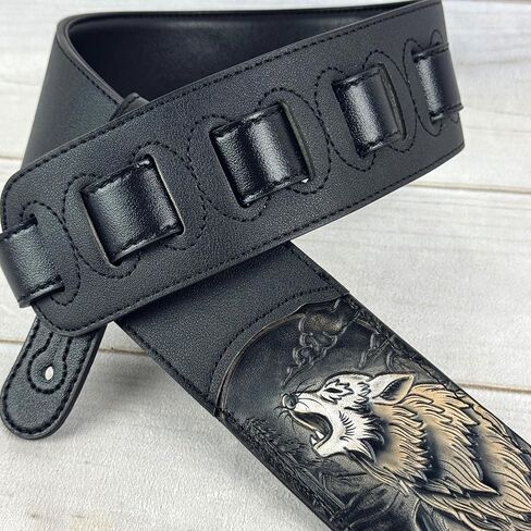 Walker & Williams CVG-WL-B Hand Carved Black And Tan Howling Timber Wolf On Black Leather Guitar Strap in Saudi Arabia