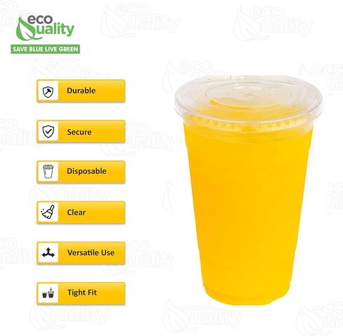 EcoQuality - 50 عبوة - أغطية أكواب بلاستيكية مسطحة فائقة الوضوح للأكواب سعة 12-16-20-24 أونصة - تناسب معظم أكواب الحيوانات الأليفة، الأغطية ذات فتحة المصاصة in Saudi Arabia