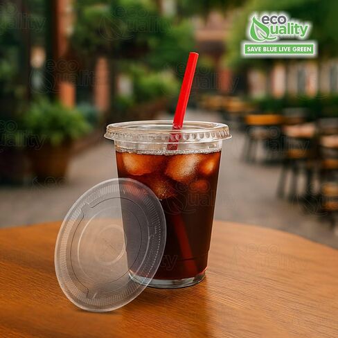 EcoQuality - 50 عبوة - أغطية أكواب بلاستيكية مسطحة فائقة الوضوح للأكواب سعة 12-16-20-24 أونصة - تناسب معظم أكواب الحيوانات الأليفة، الأغطية ذات فتحة المصاصة in Saudi Arabia